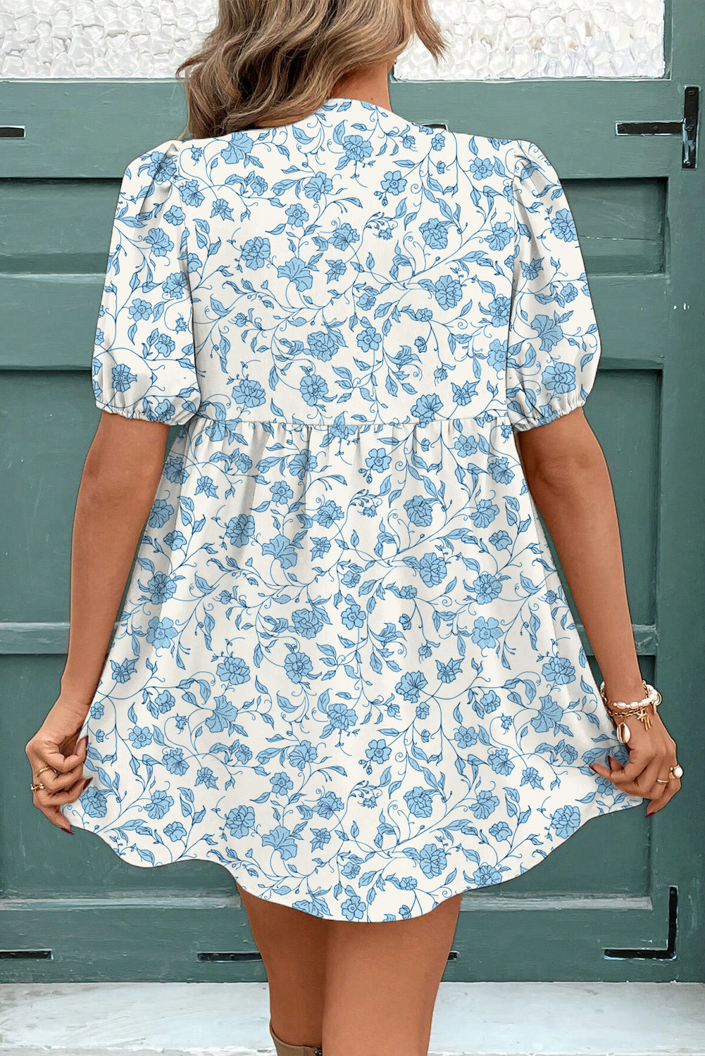 Sky Blue Floral Contrast Bow Puff Sleeve Mini Dress