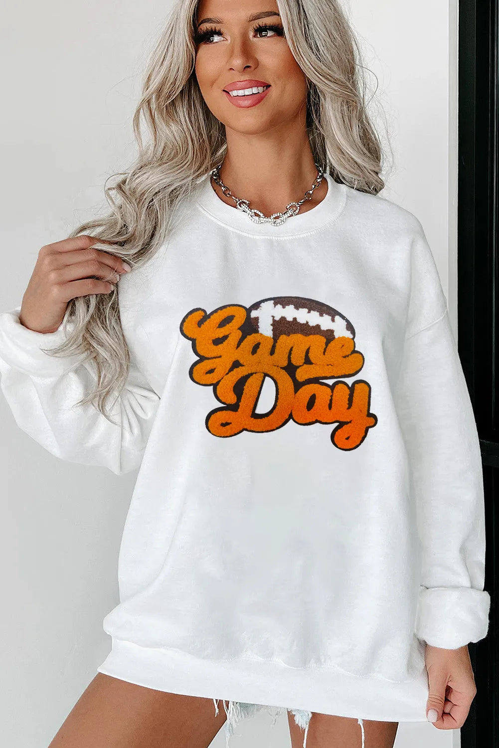 White Chenille Game Day Rugby Football Pattern Pullover Sweatshirt - Chic Meadow Boutique 