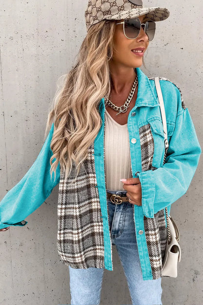 Sky Blue Plaid Patchwork Pockets Denim Jacket - Chic Meadow Boutique 