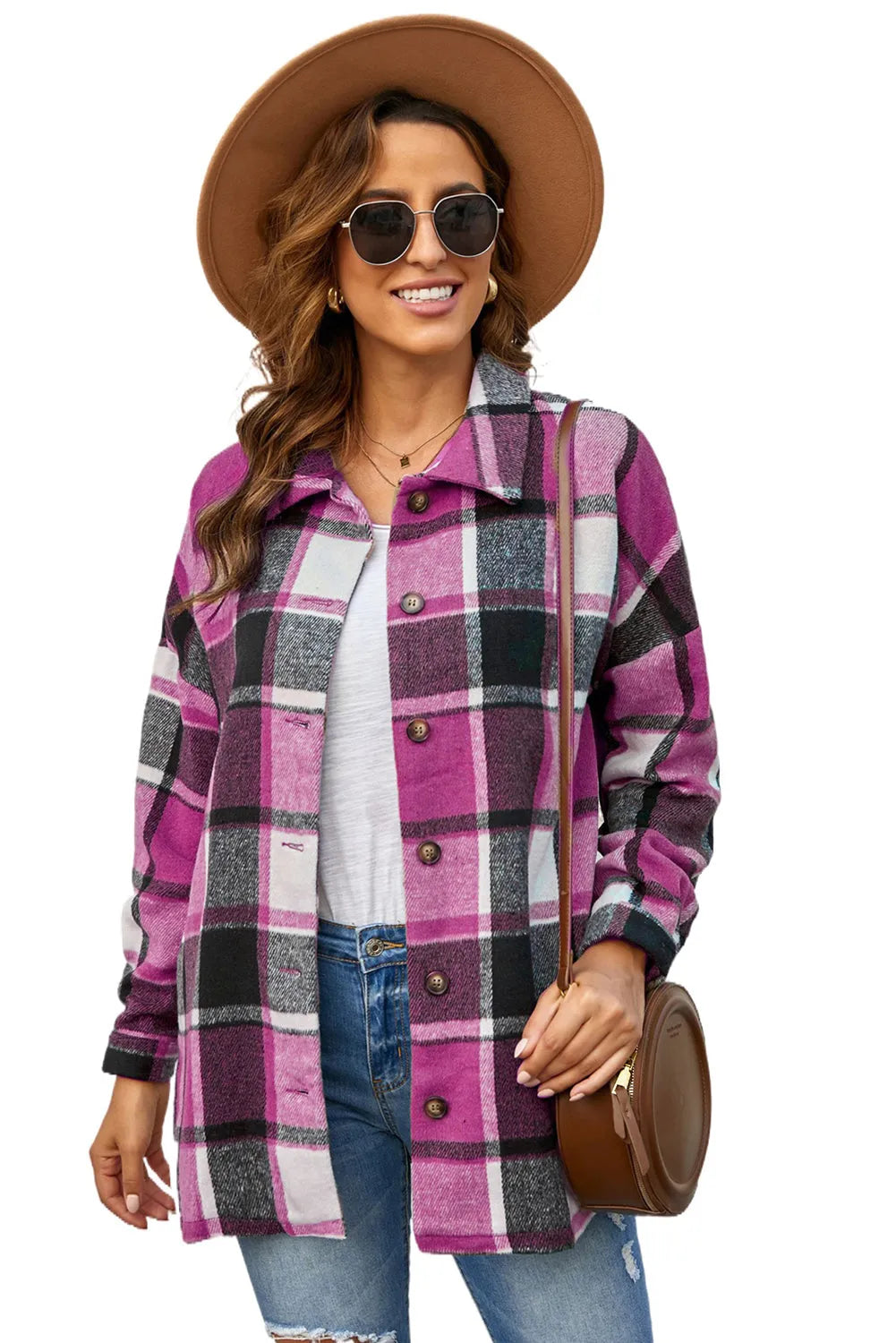 Rose Plaid Print Buttoned Shirt Jacket - Chic Meadow Boutique 