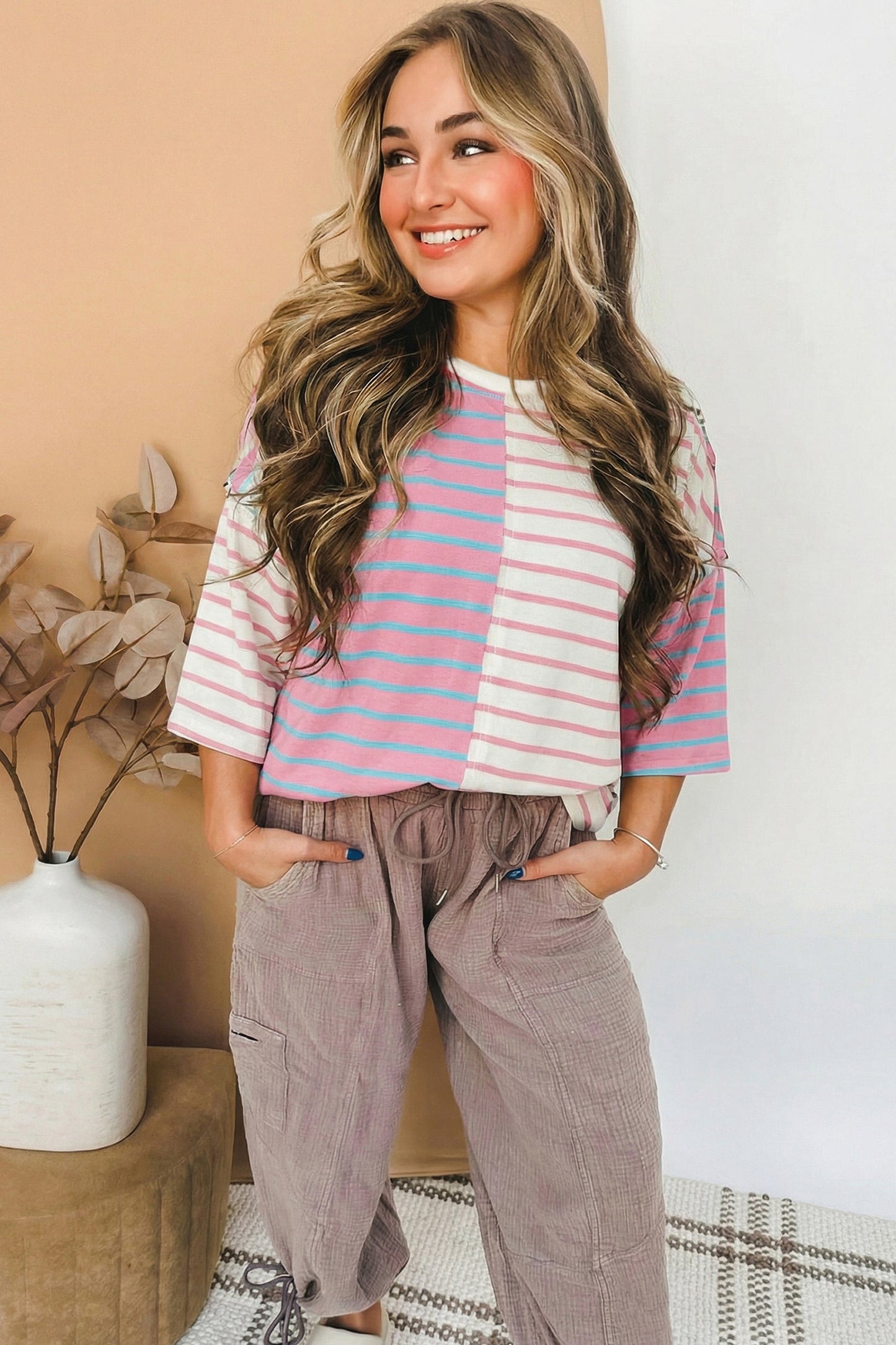 Pink Stripe Colorblock 3/4 Sleeve Loose T Shirt