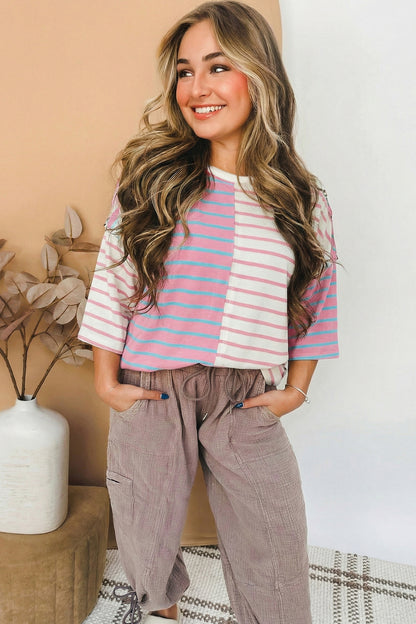 Pink Stripe Colorblock 3/4 Sleeve Loose T Shirt