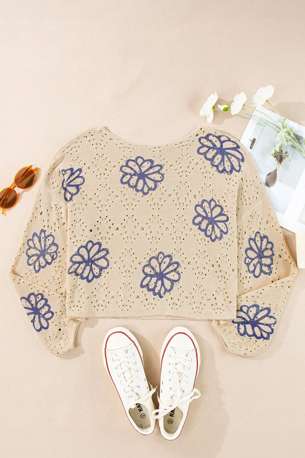 Beige Contrast Flower Print Eyelet Drop Shoulder Sweater - Chic Meadow Boutique 