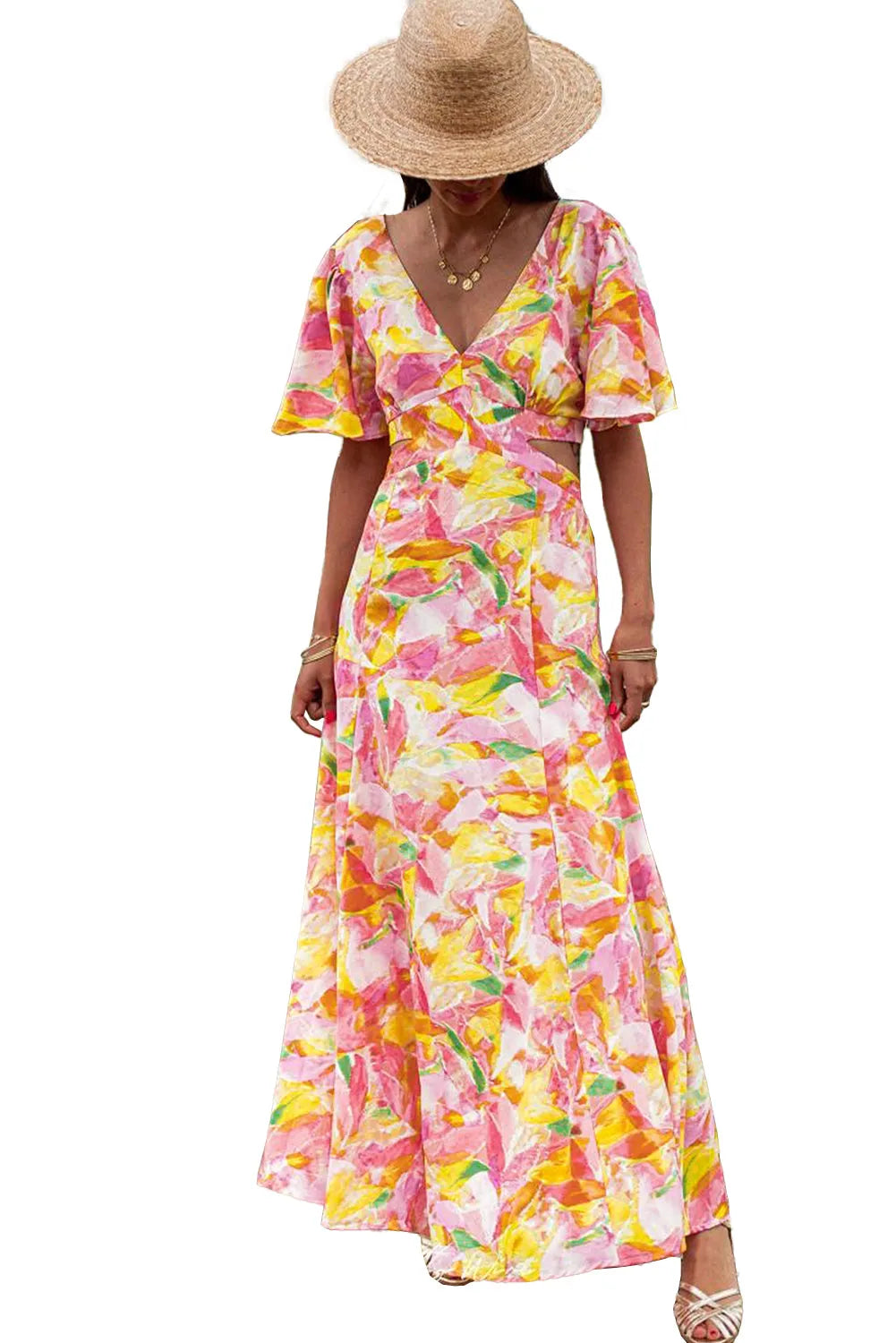 Pink Bohemian Flutter Sleeve Cut out Floral Maxi Dress - Chic Meadow Boutique 