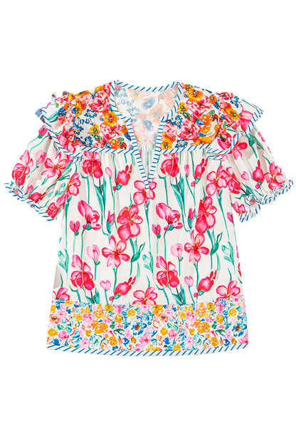 Pink Floral Print Striped Detail Split Neck Short Sleeve Blouse