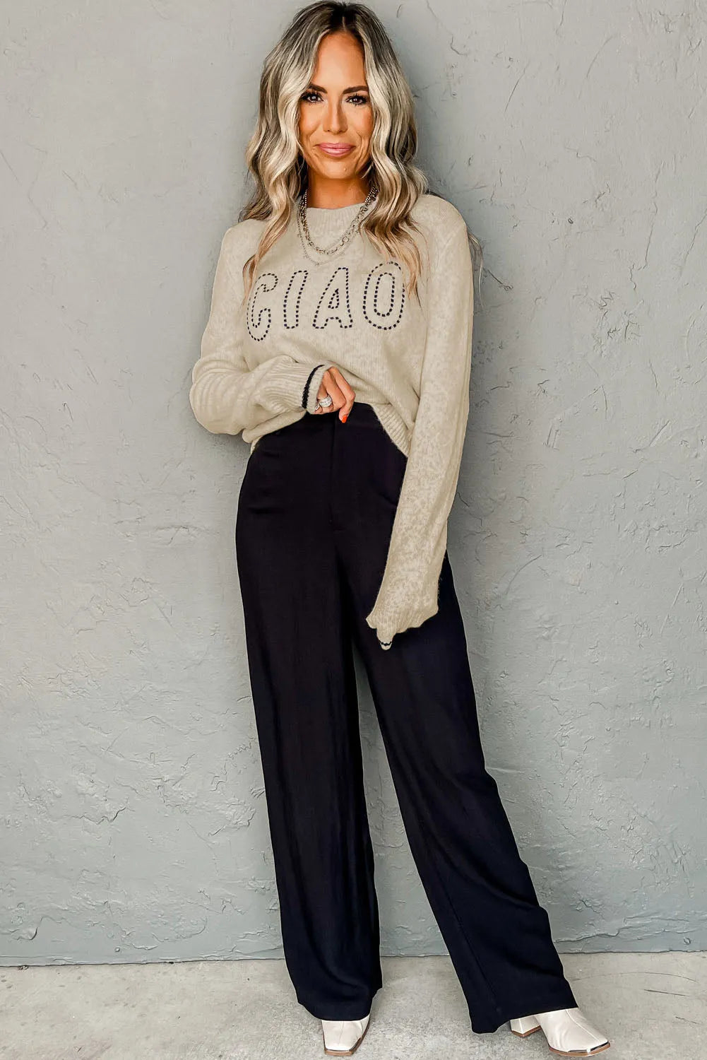 Oatmeal CIAO Letter Graphic Crew Neck Sweater - Chic Meadow Boutique 