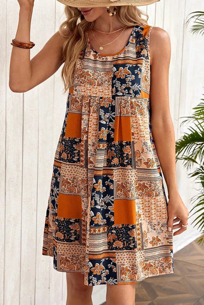 Orange Retro Floral Patchwork Print Sleeveless Mini Dress - Chic Meadow Boutique 