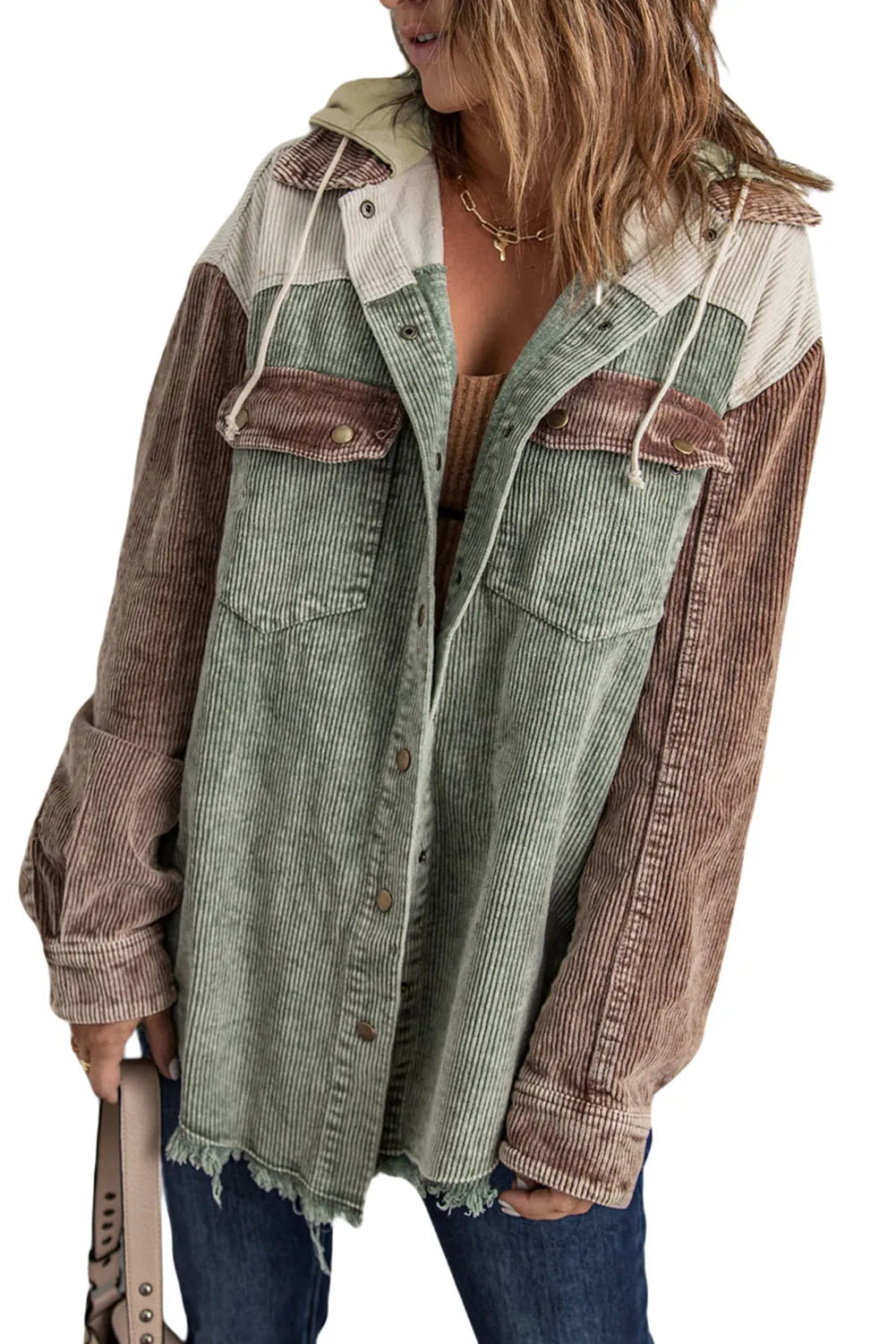 Green Color Block Button Down Hooded Corduroy Jacket - Chic Meadow Boutique 