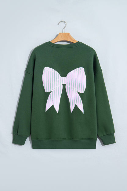 Blackish Green Striped Bow Graphic Oversized Sweatshirt