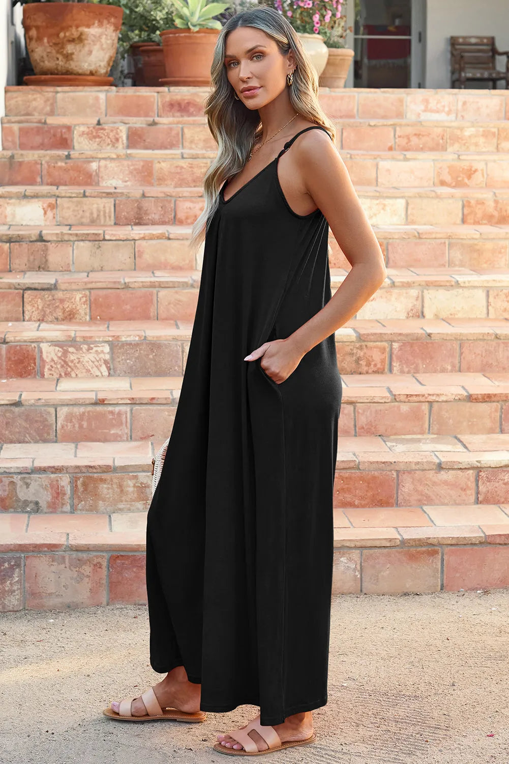 Black Adjustable Knotted Spaghetti Straps Wide Leg Jumpsuit - Chic Meadow Boutique 