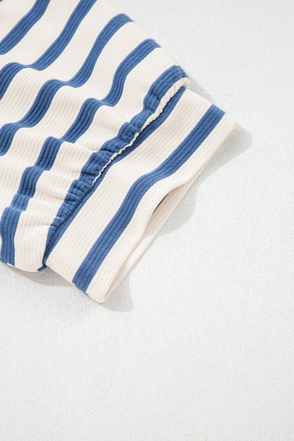 Blue Stripe Short Puff Sleeve Color Block Polo Collar Blouse