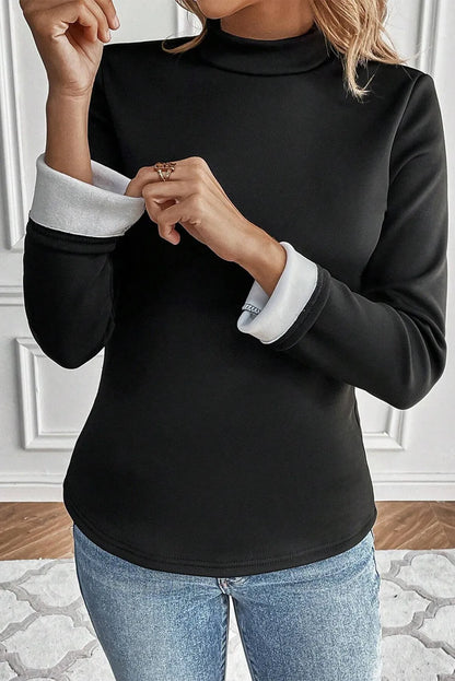 Black Mock Neck Thermal Lined Long Sleeve Tee - Chic Meadow Boutique 