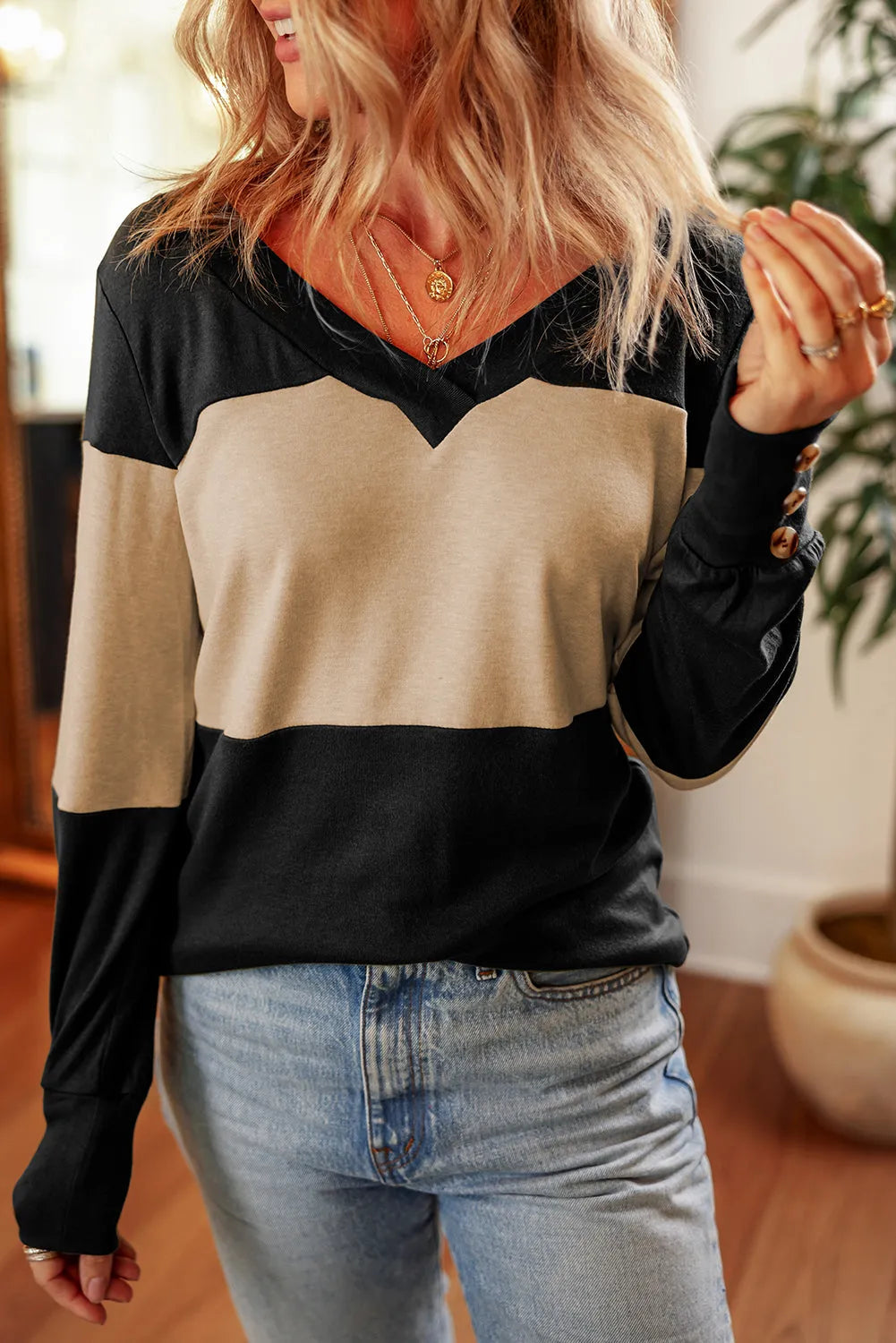 Tops/Long Sleeve Tops Parchment Colorblock Button Decor Long Sleeve V Neck Top