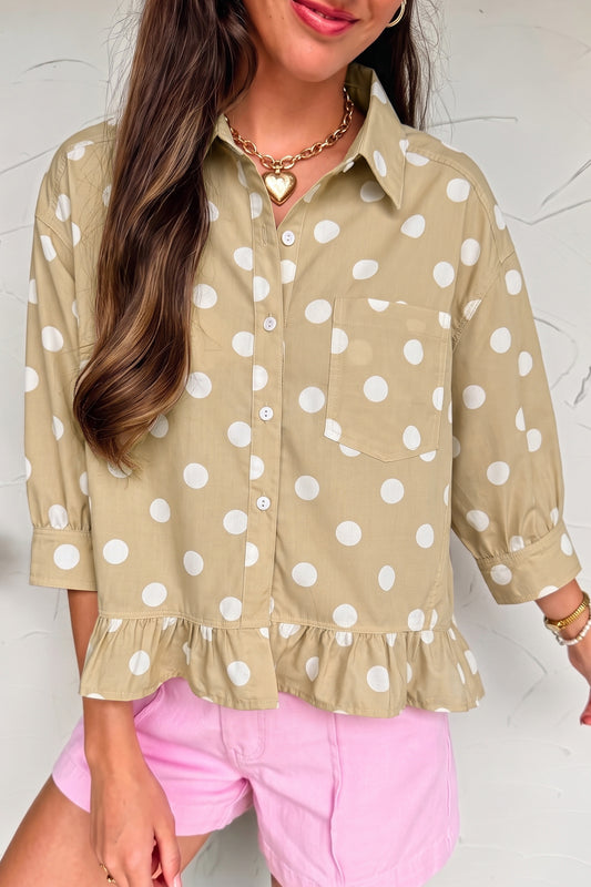 Khaki Polka Dot Print Three Quarter Sleeve Ruffle Hem Casual Shirt