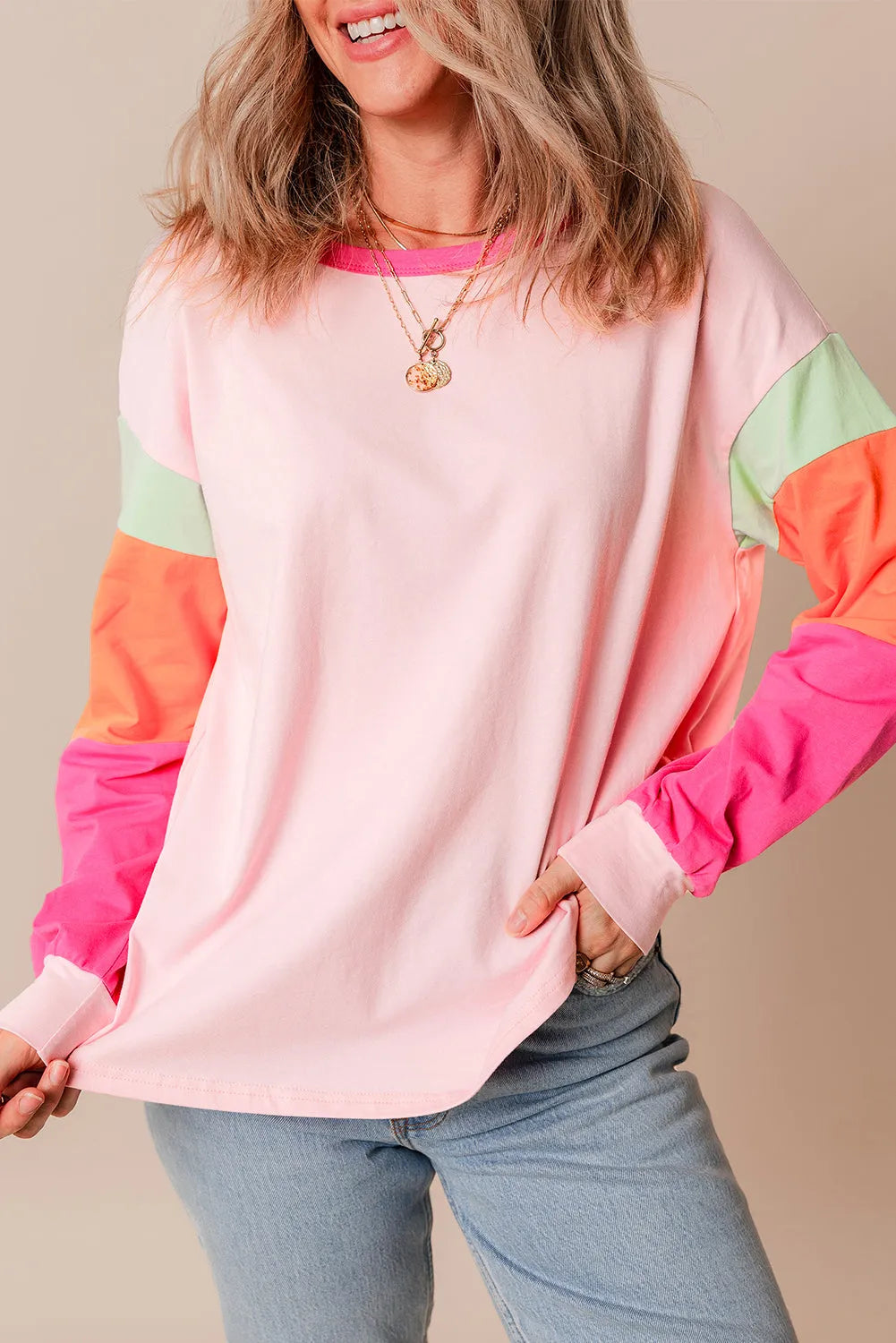 Pink Colorblock Patchwork Long Sleeve Loose Top - Chic Meadow Boutique 