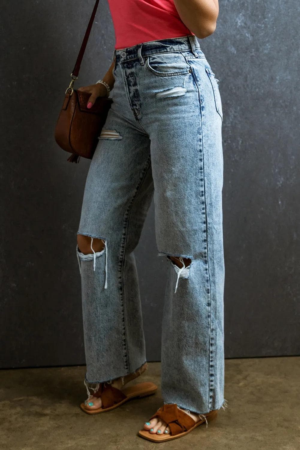 Bottoms/Jeans Light Blue Distressed Ripped Raw Hem Straight Jeans