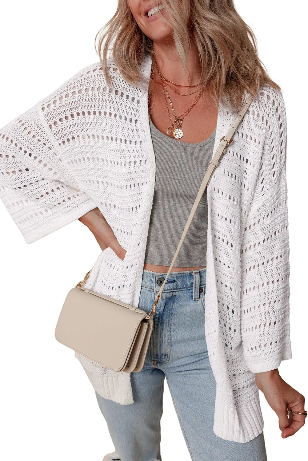 White Pointelle Knit Bracelet Sleeve Open Cardigan - Chic Meadow Boutique 