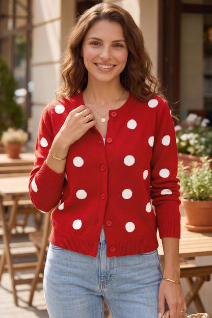 Fiery Red Casual Polka Dot Button Front Long Sleeve Sweater Cardigan