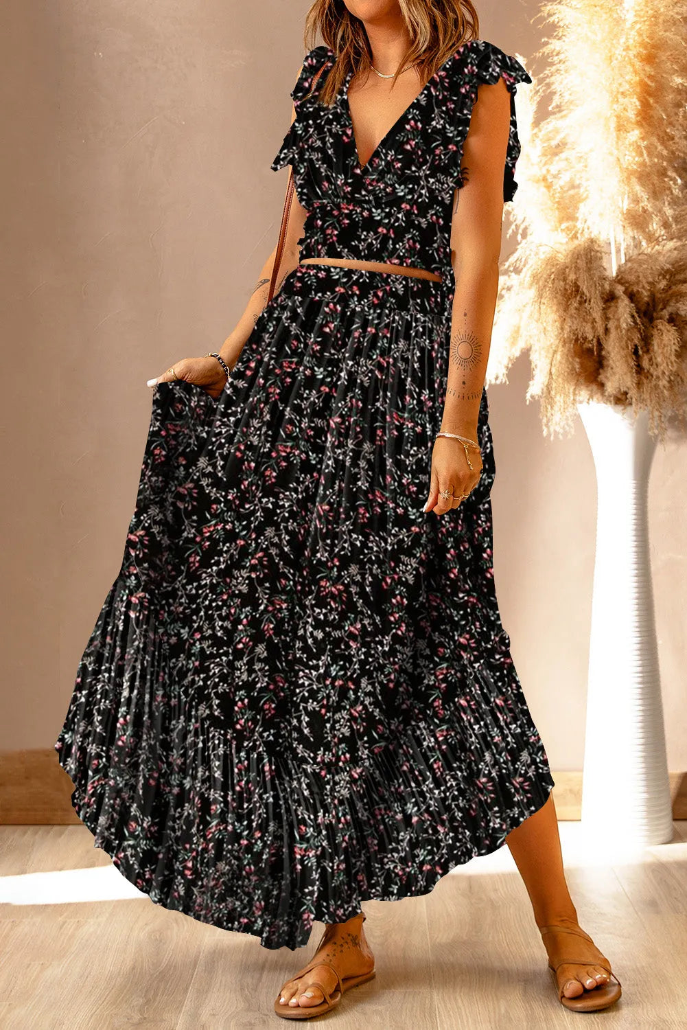 Black Multicolor Floral Ruffled Crop Top and Maxi Skirt Set - Chic Meadow Boutique 