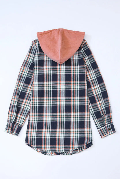 Pink Contrast Hooded Drawstring Plaid Shacket - Chic Meadow Boutique 