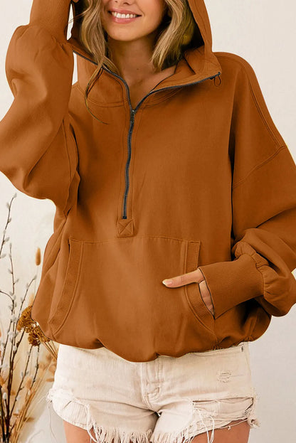 Brown Ribbed Trim Kangaroo Pocket Zipped Hoodie - Chic Meadow Boutique 