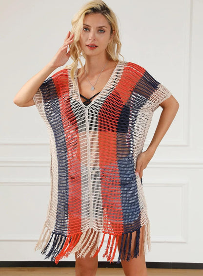 Swimwear/Beach Cover-ups Multicolor Striped Tassel Crochet V Neck Beach Cover Up