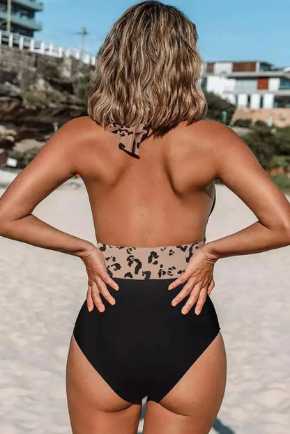 Black Leopard Halter Backless Plunge V Neck One Piece Swimsuit - Chic Meadow Boutique 