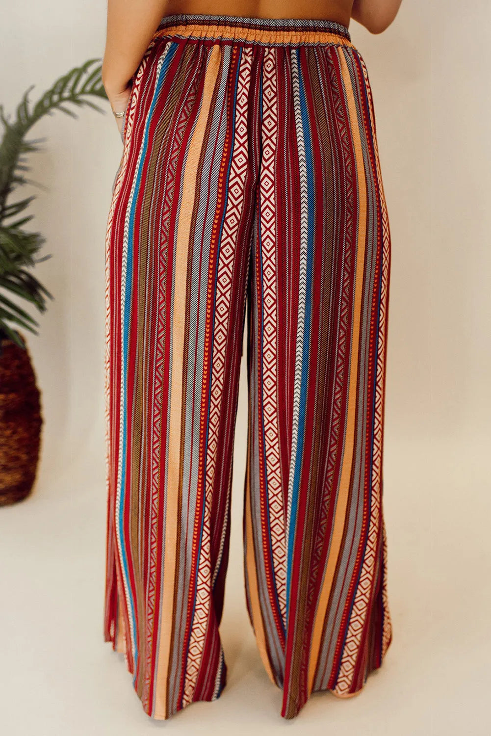 Red Boho Ethnic Striped Print Tie Waist Wide Leg Pants - Chic Meadow Boutique 