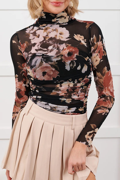 Brown Floral Mesh Long Sleeve High Neck Bodysuit