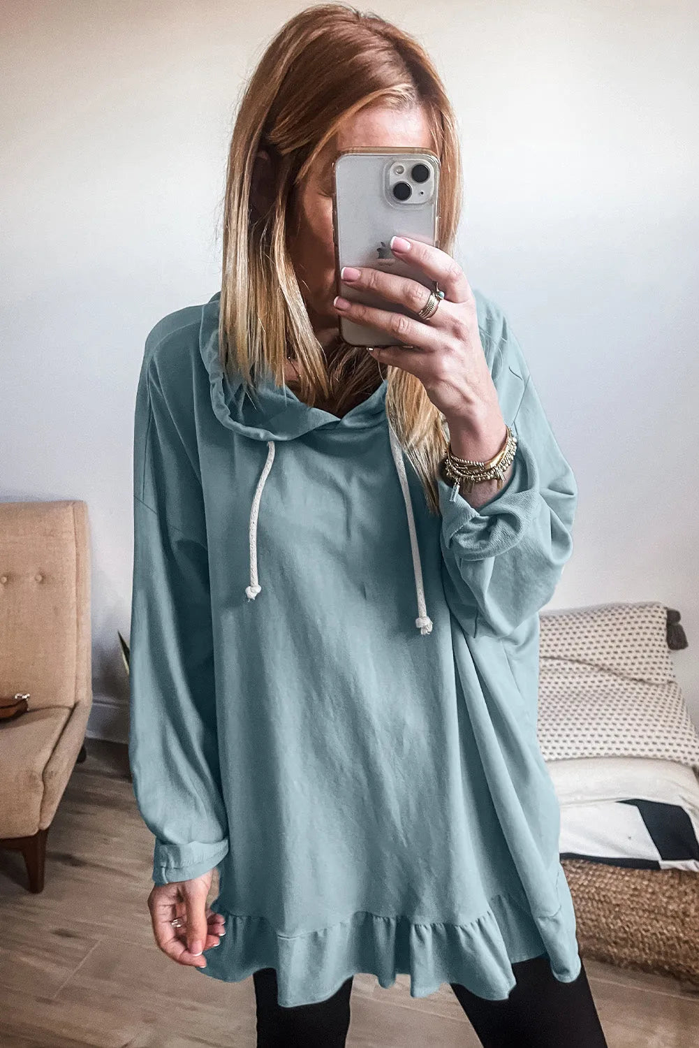 Iceland Blue Solid Ruffled Hem Loose Fit Tunic Hoodie - Chic Meadow Boutique 