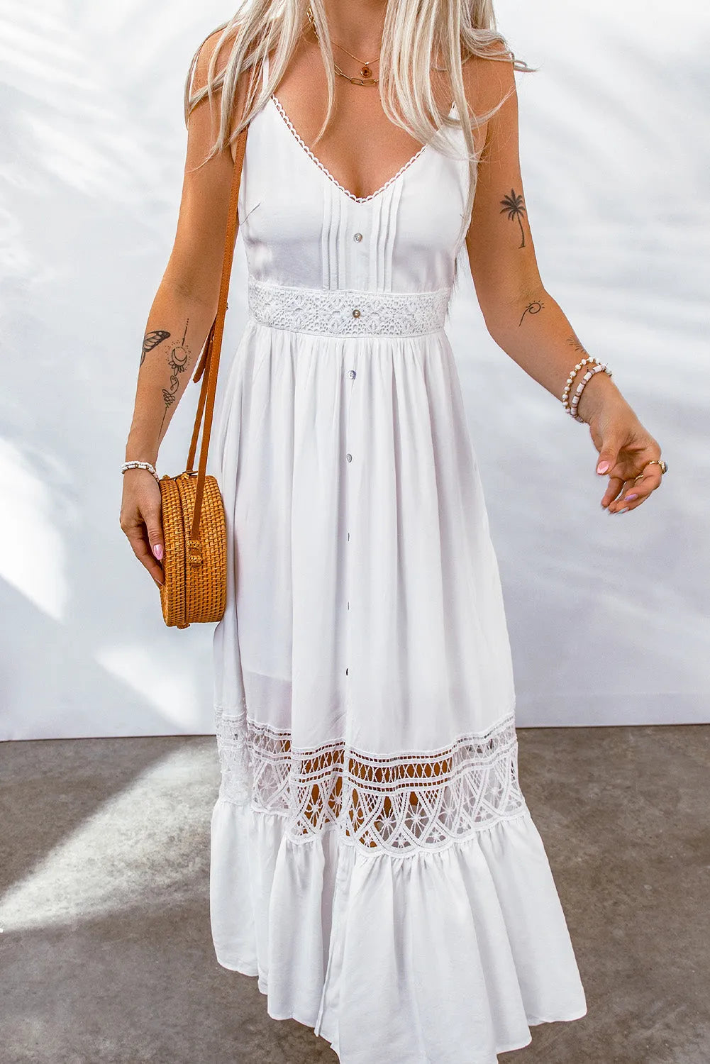 White Lace Splice Button Decor Spaghetti Strap Maxi Dress - Chic Meadow Boutique 