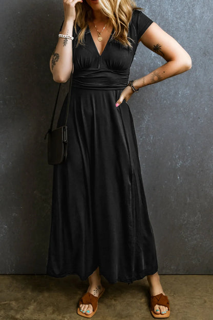 Black Short Sleeve Shirred High Waist V Neck Maxi Dress - Chic Meadow Boutique 