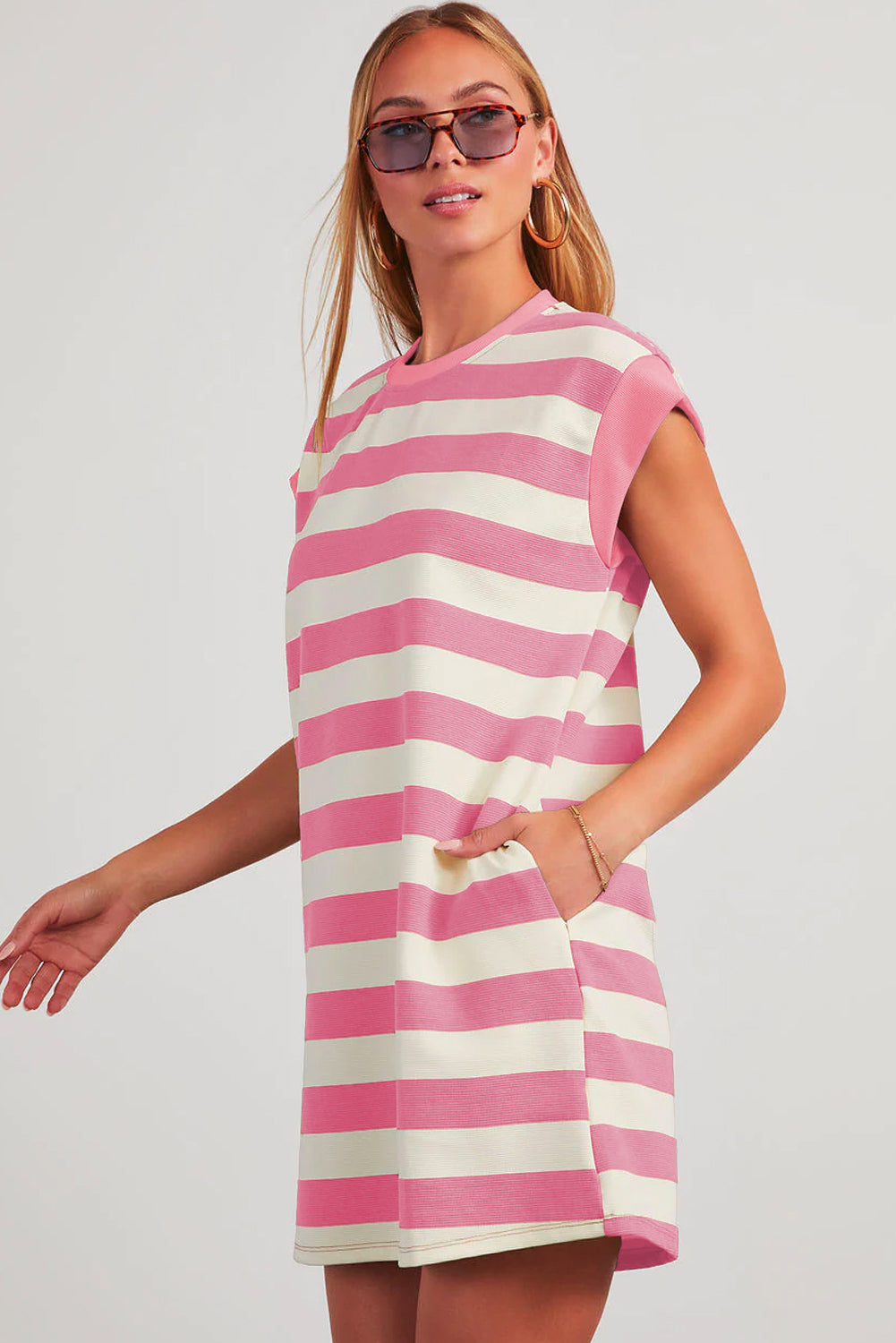 Pink Stripe Cap Sleeve Shift T Shirt Dress