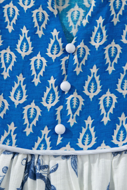 Sky Blue Boho Abstract Print Contrast Trim V Neck Tassel Tie Dress