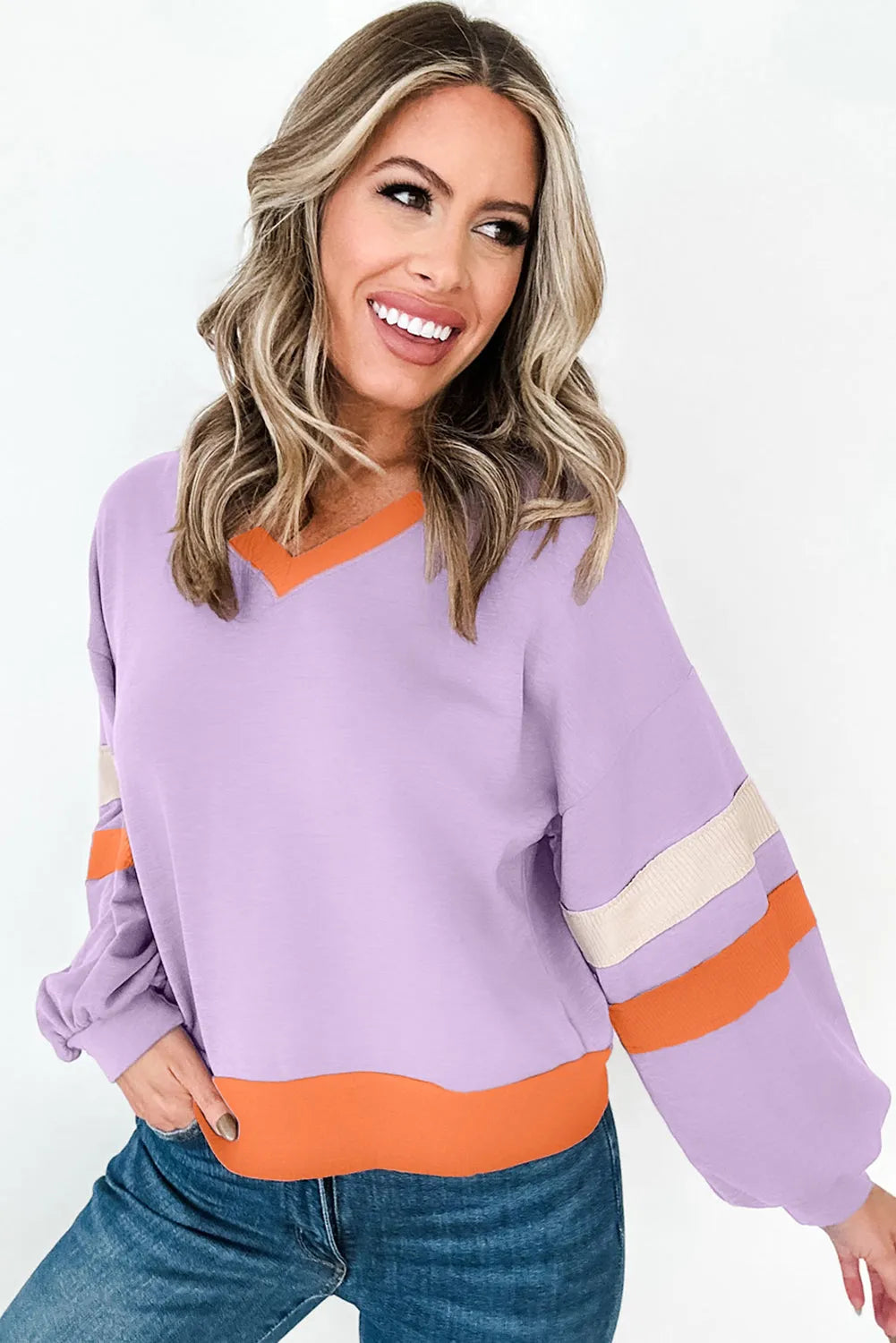 Orchid Bouquet Contrast Rib Knit Patchwork Drop Shoulder V Neck Sweatshirt - Chic Meadow Boutique 