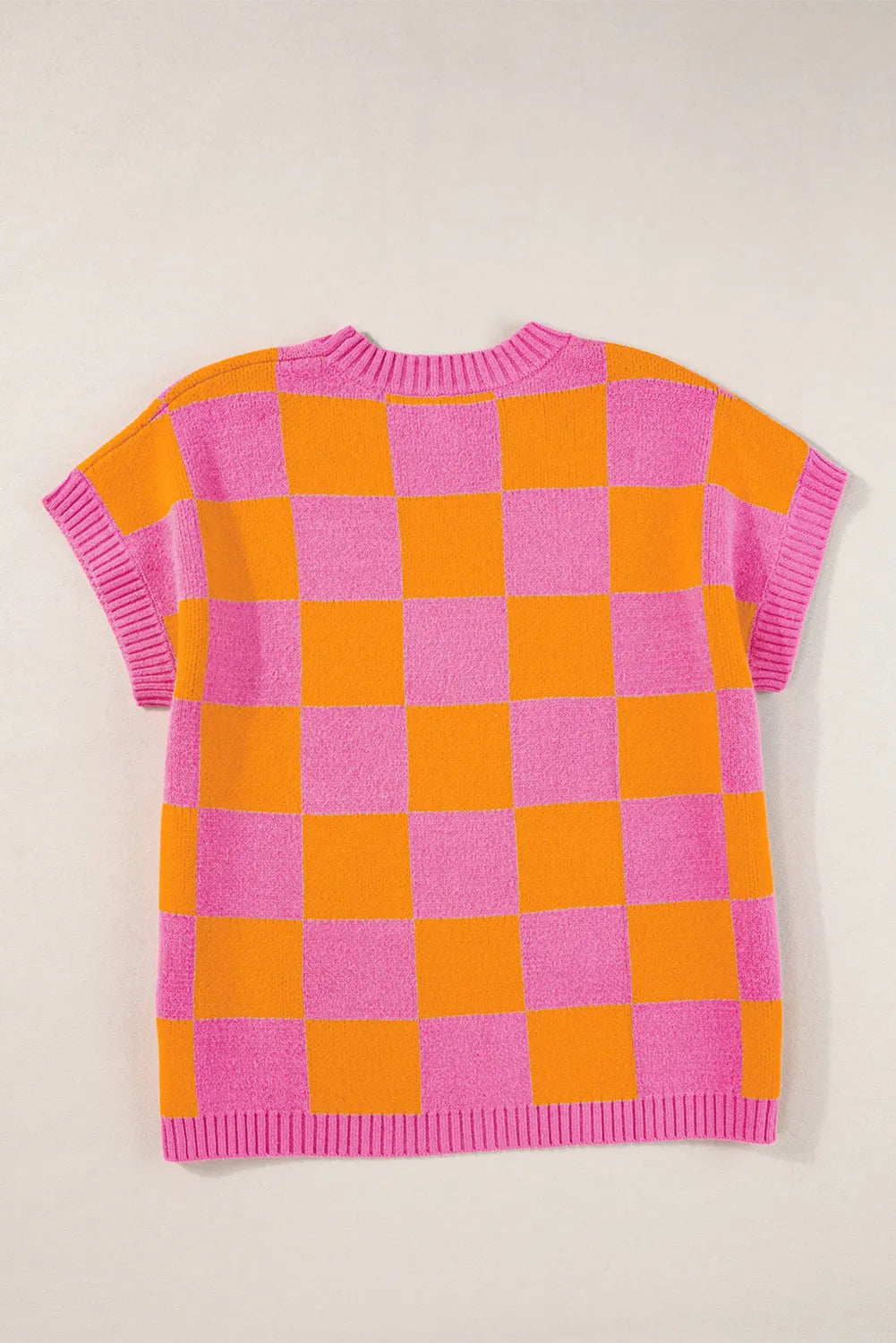 Strawberry Pink Colorblock Plaid Pattern Ribbed Trim Sweater Tank Top - Chic Meadow Boutique 