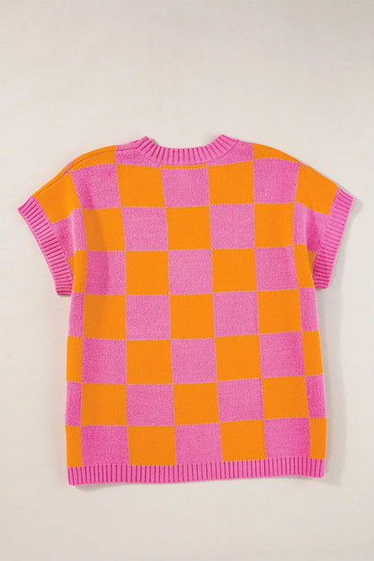 Strawberry Pink Colorblock Plaid Pattern Ribbed Trim Sweater Tank Top - Chic Meadow Boutique 