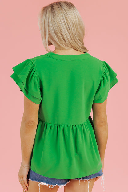 Bright Green Double Ruffle Sleeve Split V Neck Peplum Blouse