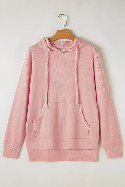 Light Pink Waffle Knit Fleece Lined High Low Oversized Hoodie - Chic Meadow Boutique 