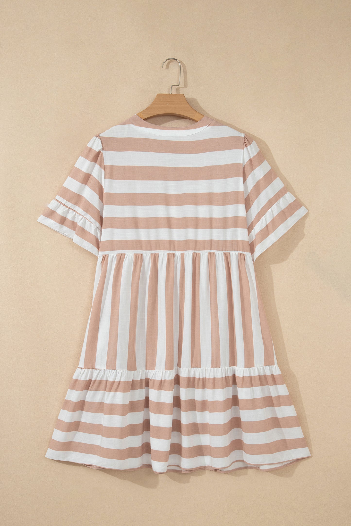 Khaki Stripe Tie V Neck Ruffle Trim Short Sleeve Flared Summer Dress