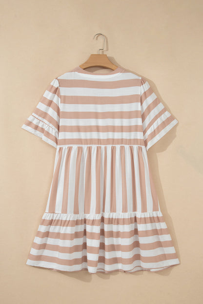 Khaki Stripe Tie V Neck Ruffle Trim Short Sleeve Flared Summer Dress