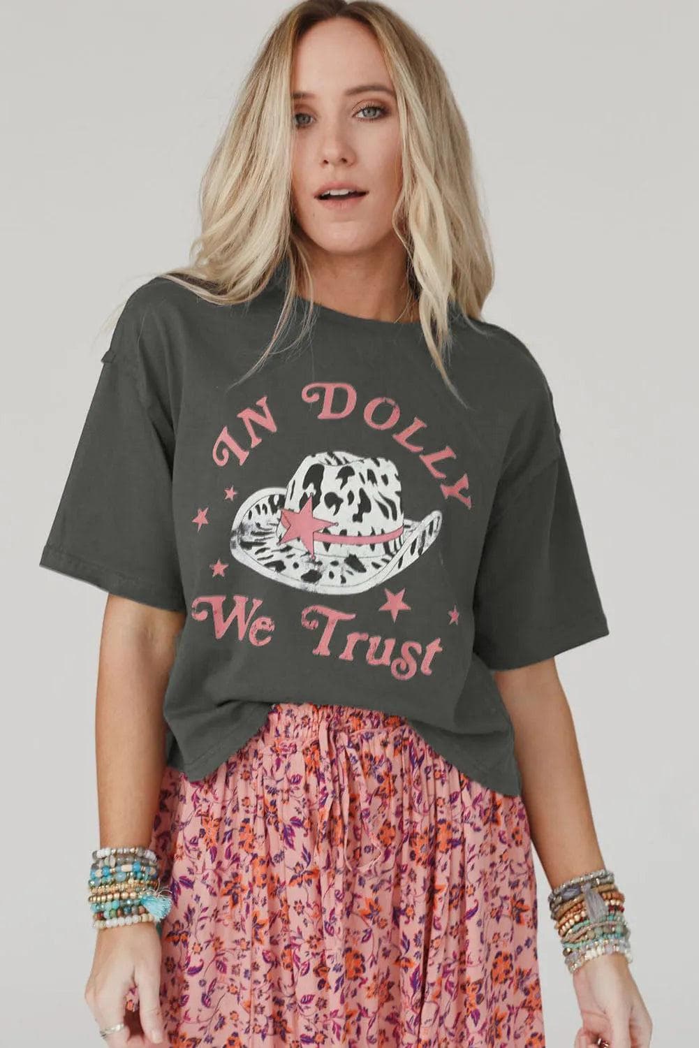 Tops/Tops & Tees Gray WE TRUST IN DOLLY Western Fashion Graphic Tee