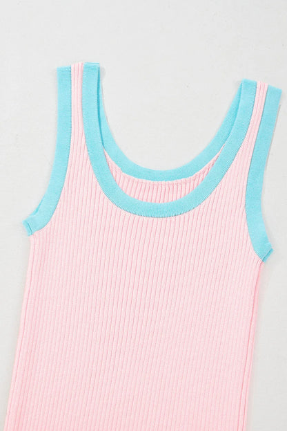 Pink Colorblock Edge Ribbed Knit U Neck Tank Top - Chic Meadow Boutique 