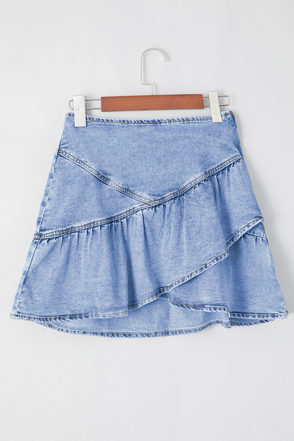 Beau Blue Asymmetric Ruffle Overlay Denim Mini Skirt