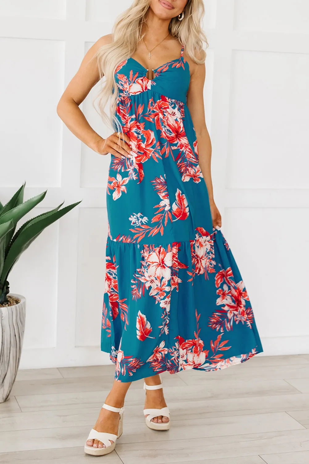 Sky Blue Strappy Open Back Floral Maxi Dress - Chic Meadow Boutique 