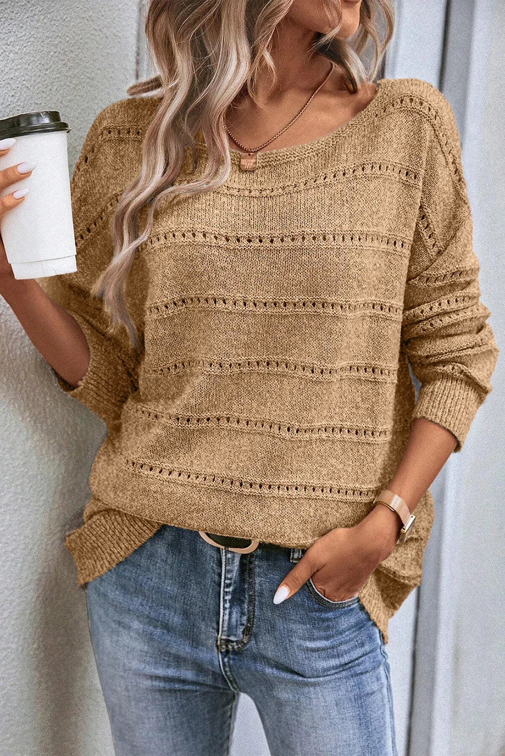 Pale Khaki Boat Neck Drop Shoulder Pointelle Knit Sweater - Chic Meadow Boutique 