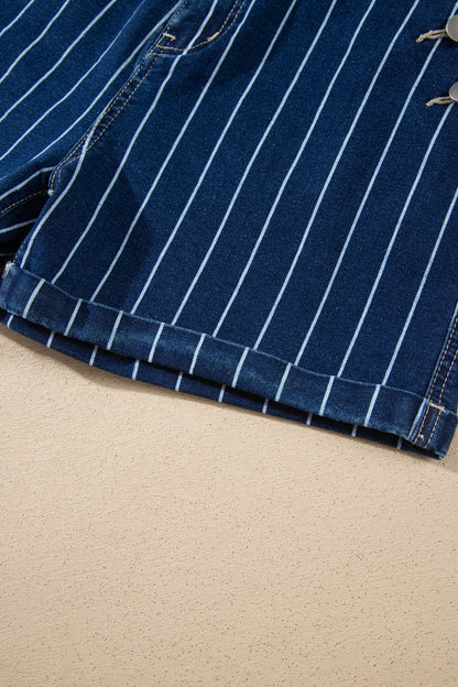 Blue Stripe Metal Button Detail Womens Denim Shorts