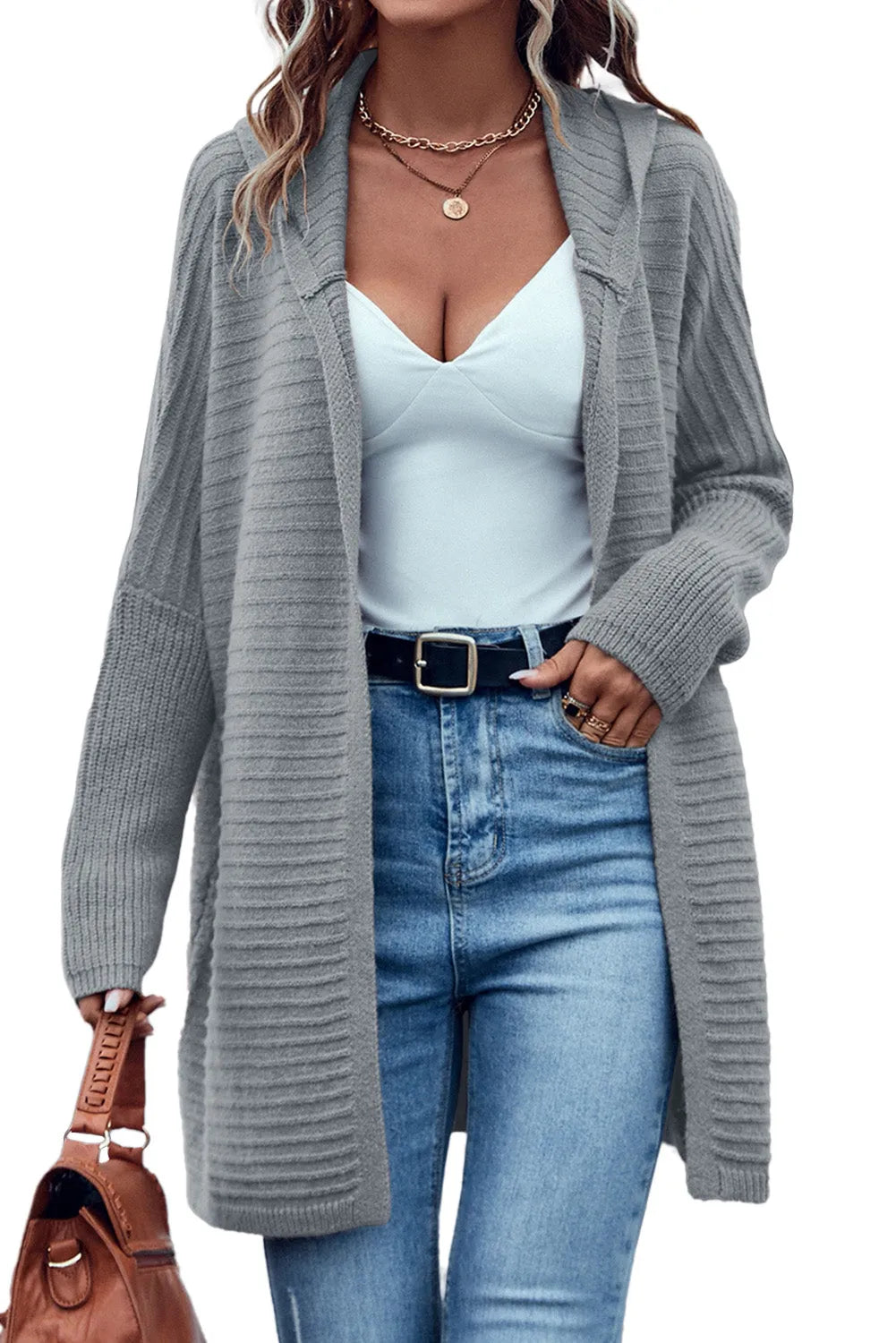 Gray Horizontal Rib Knitted Open Front Hooded Cardigan - Chic Meadow Boutique 