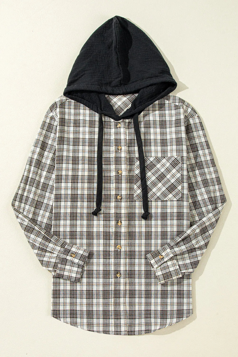 Black Checkered Print Loose Fit Buttoned Hooded Shacket - Chic Meadow Boutique 