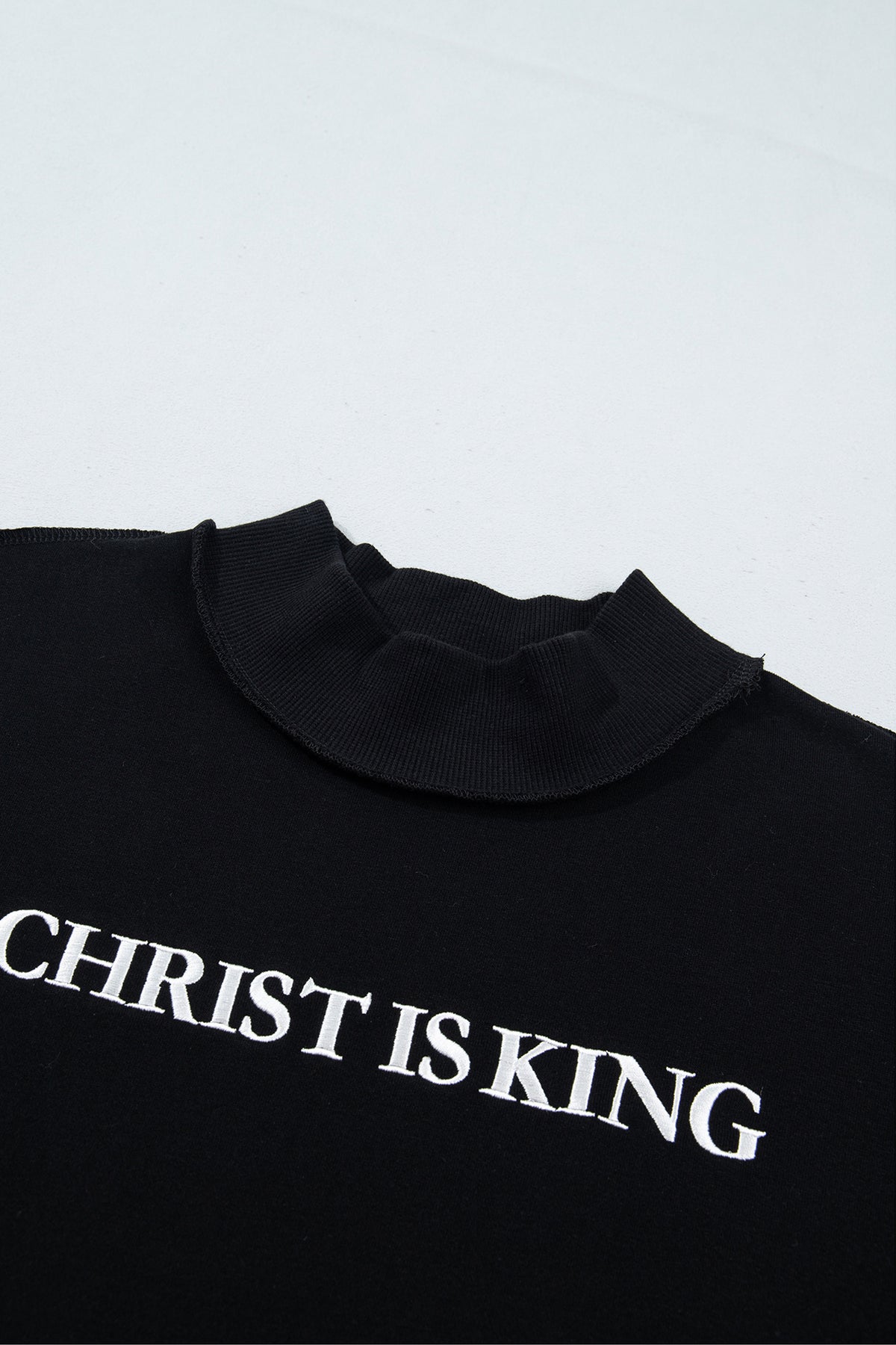 Black CHRIST IS KING Embroidery High Neck Baggy Sweatshirt